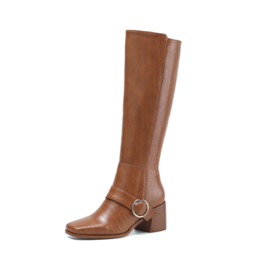 Brown Chunky Low Heel Knee High Boots Buckle Square Toe Zip Riding Boots
