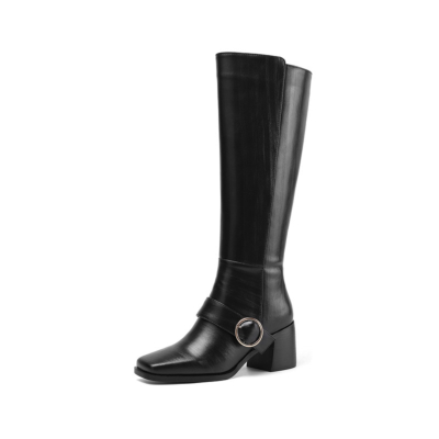 Black Chunky Low Heel Knee High Boots Buckle Square Toe Zip Riding Boots
