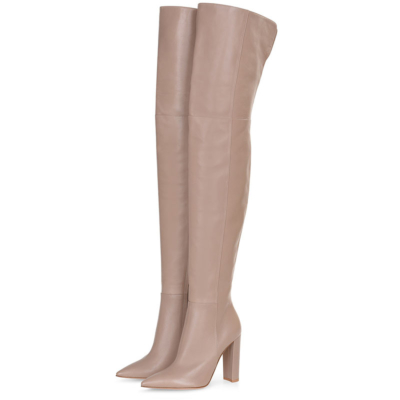 Nude Classic Pointed Toe Block Heel Woman Thigh High Boots