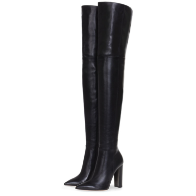Black Pointed Toe Block Heel Woman Thigh High Boots