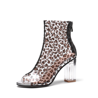 Clear Leopard Print Ankle Boots Peep Toe Zip Sandals with Transparent Block Heels
