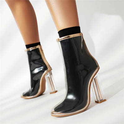 Clear PVC Ankle Boots Block Heels Sandals Boots With Back Zipper