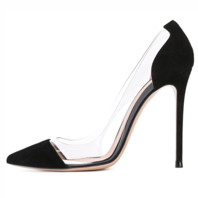 Black Suede & Pvc Clear Pointed Toe Pumps Stilettos Women's Court High Heels 4