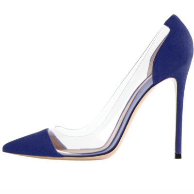 Royal Blue Suede & Pvc Clear Pointed Toe Pumps Stilettos Women's Court High Heels 4 inch