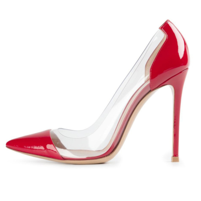 Red Patent Leather Clear Pvc Pointed Toe Pumps Stilettos Women's Court High Heels