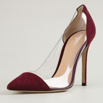 Burgundy Suede & Pvc Clear Pointed Toe Pumps Stilettos Women's Court High Heels 4