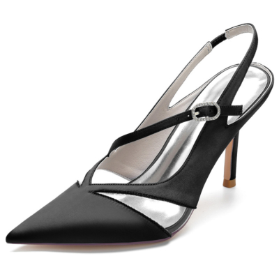 Black Clear Satin Slingbacks Heels Closed Toe Cross Strap Bridal Shoes
