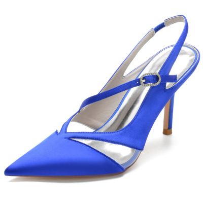 Royal Blue Clear Satin Slingbacks Heels Closed Toe Cross Strap Bridal Shoes