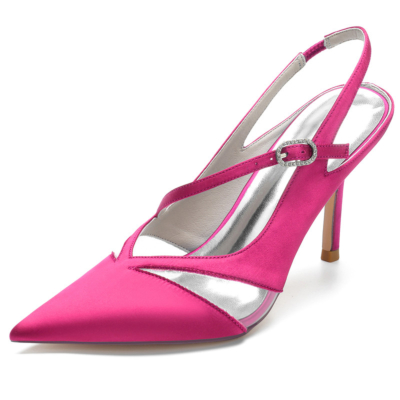 Magenta Clear Satin Slingbacks Heels Closed Toe Cross Strap Bridal Shoes