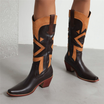Black Color Block Square Toe Cowboy Boots Fashion Knee High Boots
