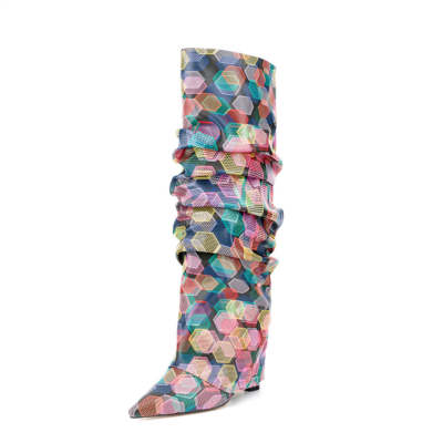 Colorful Slouchy Foldover Boots with Wedge Heel Knee High Boots for Party