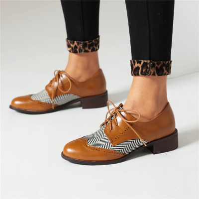Brown Comfort Zebra Printed Lady Oxford Loafers Lace Up Loafer Flats