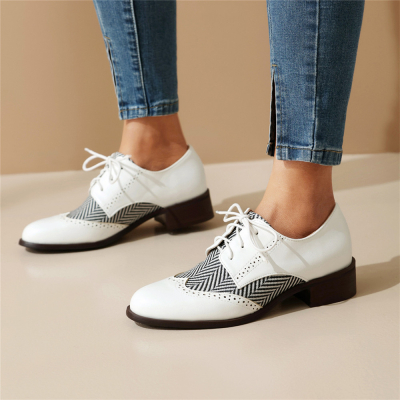 White Comfort Zebra Printed Lady Oxford Loafers Lace Up Loafer Flats