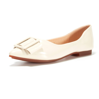 White Comfortable Dressy Work Flats Big Buckle Flat Shoes with Pointed Toe