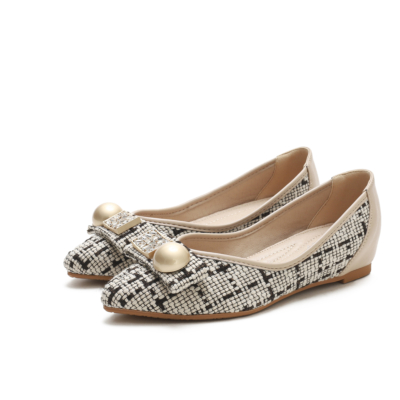 Beige Comforty Round Toe Pearl Embelishment Woven Tweed Flats Women Shoes