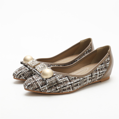 Brown Comforty Round Toe Pearl Embelishment Woven Tweed Flats Women Shoes-