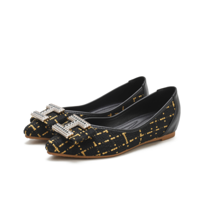 Black Comforty Round Toe Buckle Woven Tweed Flats Women Shoes