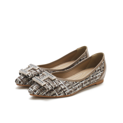 Brown Comforty Round Toe Buckle Woven Tweed Flats Women Shoes