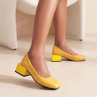 Yellow Comfy Low Block Heels Pumps Snkae Effect Square Toe Shoes