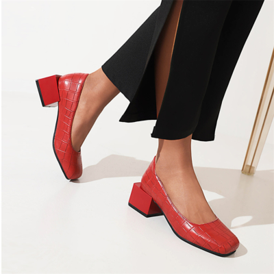 Red Comfy Low Block Heels Pumps Snkae Effect Square Toe Shoes