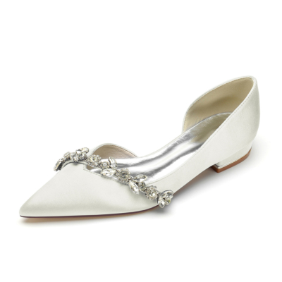 Ivory Comfy Satin Flats Cut Out D'orsay Flat Shoes with Rhinestones