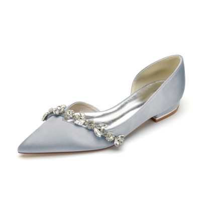 Grey Comfy Satin Flats Cut Out D'orsay Flat Shoes with Rhinestones