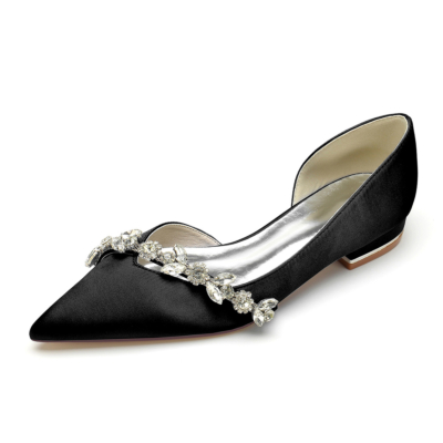 Black Comfy Satin Flats Cut Out D'orsay Flat Shoes with Rhinestones