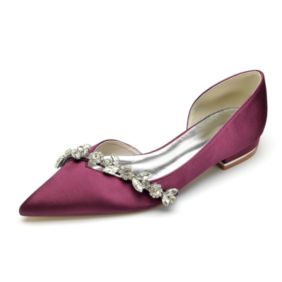 Burgundy Comfy Satin Flats Cut Out D'orsay Flat Shoes with Rhinestones