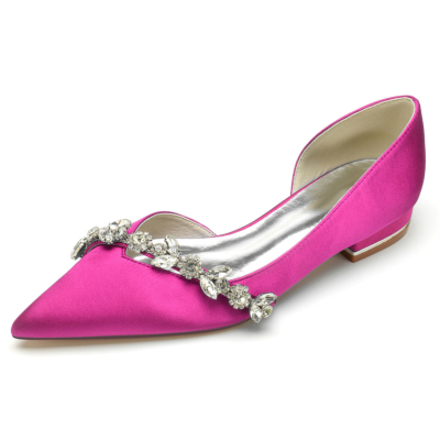Magenta Comfy Satin Flats Cut Out D'orsay Flat Shoes with Rhinestones