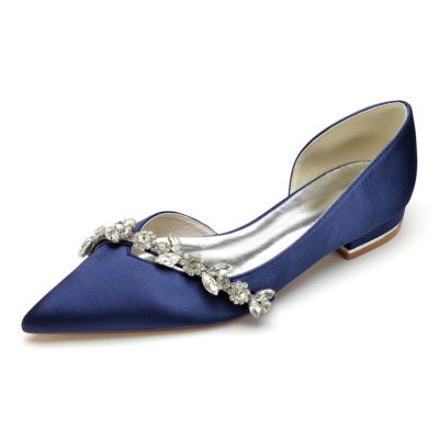 Navy Comfy Satin Flats Cut Out D'orsay Flat Shoes with Rhinestones