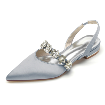 Grey Satin Rhinestones Flats Pointed Toe Slingbacks Flat Shoes