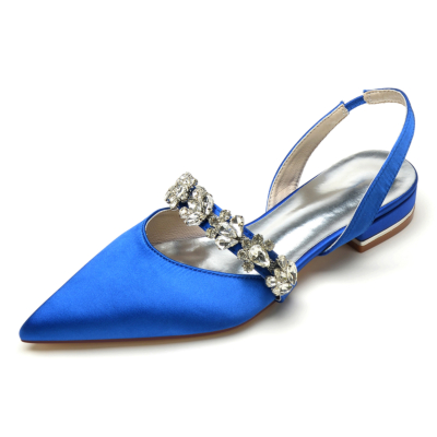 Royal Blue Satin Rhinestones Flats Pointed Toe Slingbacks Flat Shoes