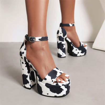 White and Black Cow Print Block Heel Platform Sandals Ankle Strap Chunky Platform Shoes