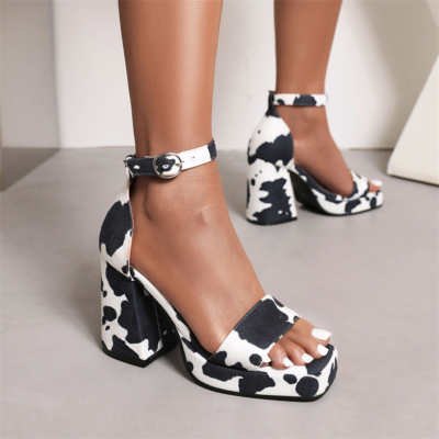 White and Black Cow Print Platform Sandals Chunky High Heels Ankle Strap Buckle Suede Shoes