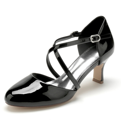 Black Criss Cross Mary Jane D'orsay Dresses Shoes with Block Low Heels