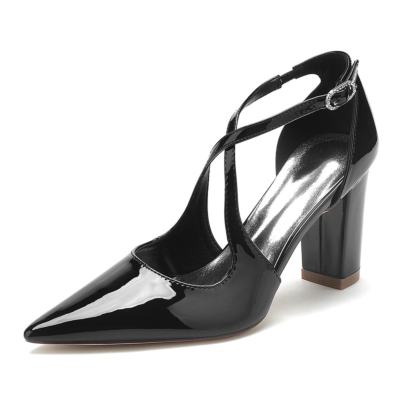 Black Criss Cross Strap Pointy Toe Vintage D'orsay Pumps with Chunky Heels