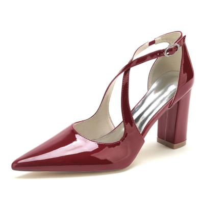 Burgundy Criss Cross Strap Pointy Toe Vintage D'orsay Pumps with Chunky Heels