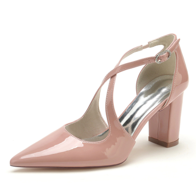 Pink Criss Cross Strap Pointy Toe Vintage D'orsay Pumps with Chunky Heels