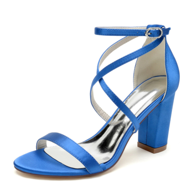 Royal Blue Criss Cross Strap Satin Sandals Chunky Heels Weding Sandal Shoes