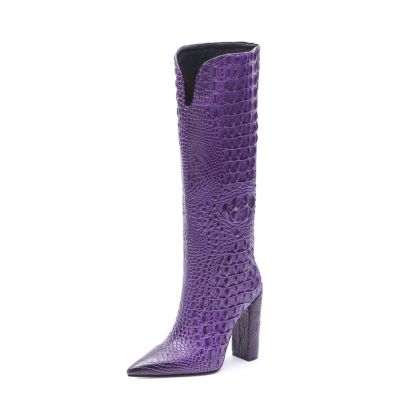 Purple Croc Embossed Pointed Toe Chunky Heel Knee High Boots