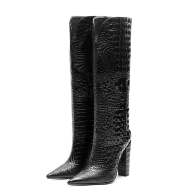 Black Croc Embossed Pointed Toe Chunky Heel Knee High Boots
