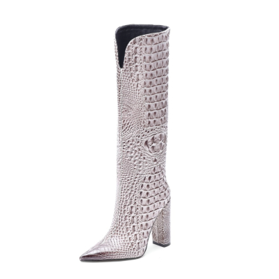 White Croc Embossed Pointed Toe Chunky Heel Knee High Boots