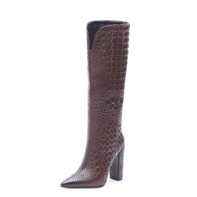 Brown Croc Embossed Pointed Toe Chunky Heel Knee High Boots