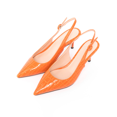 Orange Croc Print Kitten Heel Slingback Pumps Comfy Slingbacks Low Heel