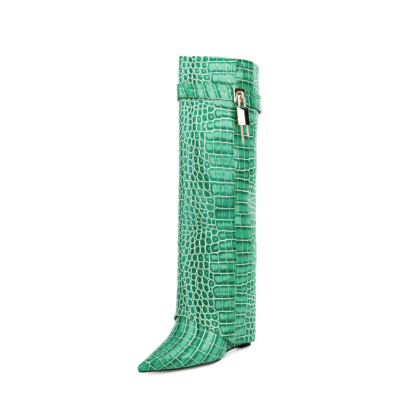 Croc Printed Vegan Leather Pointed Toe Wedge Heel Fold-over Knee High Boots