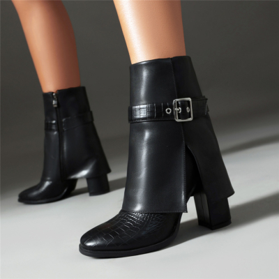 Black Crocodile Effect Fold Over Buckle Boots Chunky Heel Ankle Boots Shoes