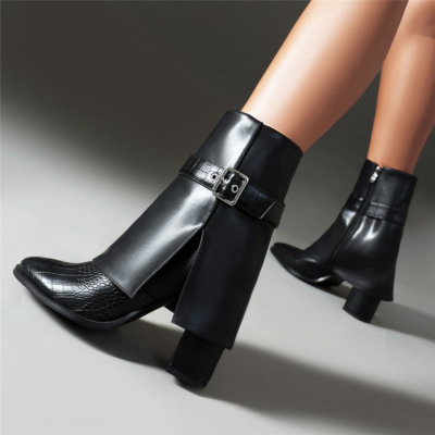 Crocodile Effect Fold Over Buckle Boots Chunky Heel Ankle Boots Shoes