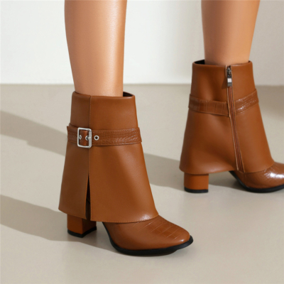 Brown Crocodile Effect Fold Over Buckle Boots Chunky Heel Ankle Boots Shoes