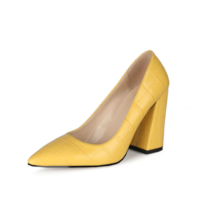 Yellow Croc Printed Pointed Toe Slip-on Pumps Block Heel Bridal Womens Shoes