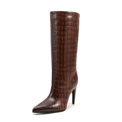 Crocodile Print Stiletto Heel Mid-Calf Boots Pointed Toe Wide Calf Boots